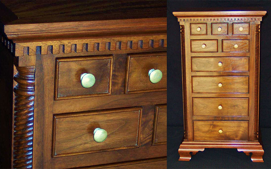 Mini Chest, walnut. Standing at about 30 inches tall this reproduction piece took the fancy of a client who loves all things 18th century.
