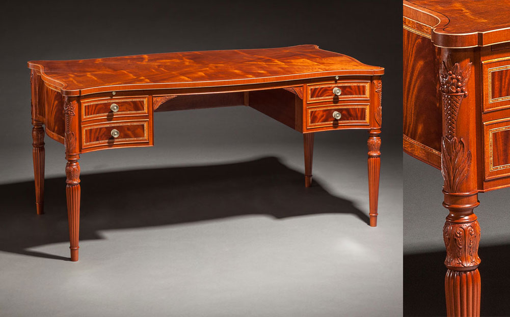 Sheraton Style Desk, mahogany. Custom built and designed for the clients needs and taste, this piece incorporates elements of the Sheraton style.