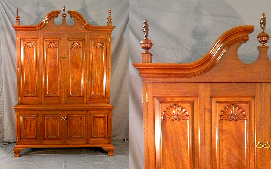 Period Entertainment cabinet, mahogany. This cabinet includes elements of the Queen Anne period and was especially designed for both its intended purpose and to match the many classic pieces I built for this client.