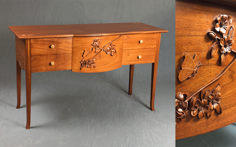 Blossoms and the Bee, a sideboard in mahogany, in the series 'Through the Forest Lightly', is designed around the central curved panel as a canvas for carving. The Inspiration for this piece is in highlighting the importance of butterflies, bees and wild landscapes for ecological diversity, and protecting our forests and fields from human over development.