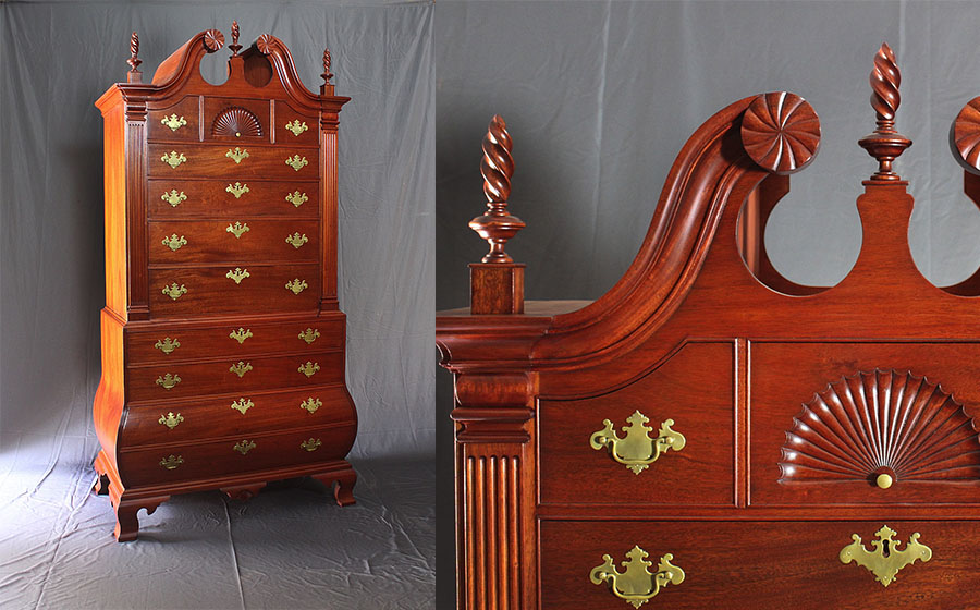 This mahogany Bombe Chest on Chest was originally designed and built in 1770, in Salem Massachusetts. Details and dimensions accurately convey the original design with its swan's neck moldings, fluted columns and pinwheel rosettes. This dramatic piece stands 7.5 feet tall and nearly 4 feet wide.